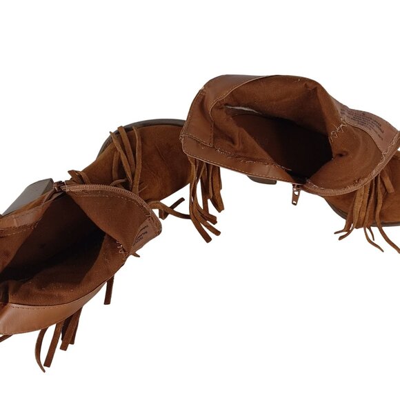 Western Fringe Ankle Boots Chunky Block Heel Zipper Brown Suede Round Toe Size 6 - Picture 12 of 14